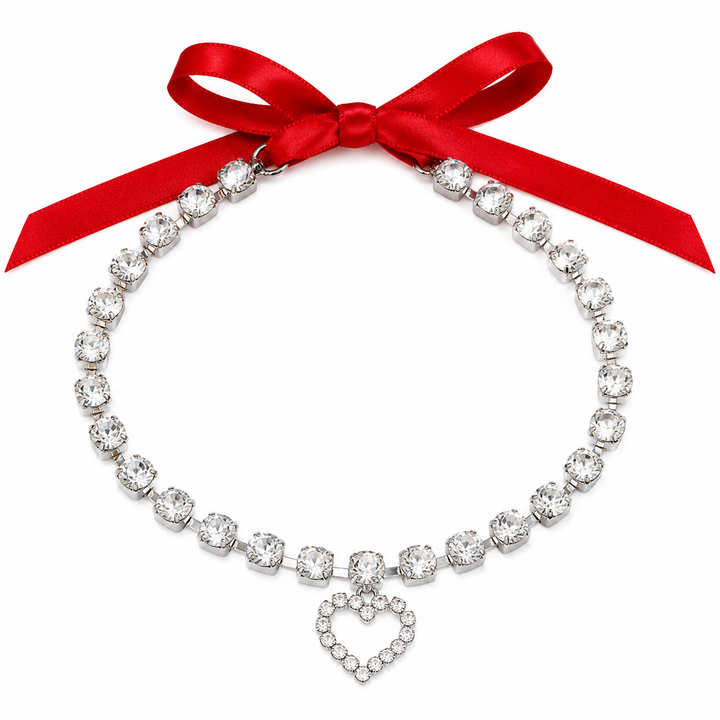 Crystal Heart Charm Dog Necklace with Red Satin Ribbon Tie