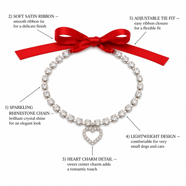 Crystal Heart Charm Dog Necklace with Red Satin Ribbon Tie