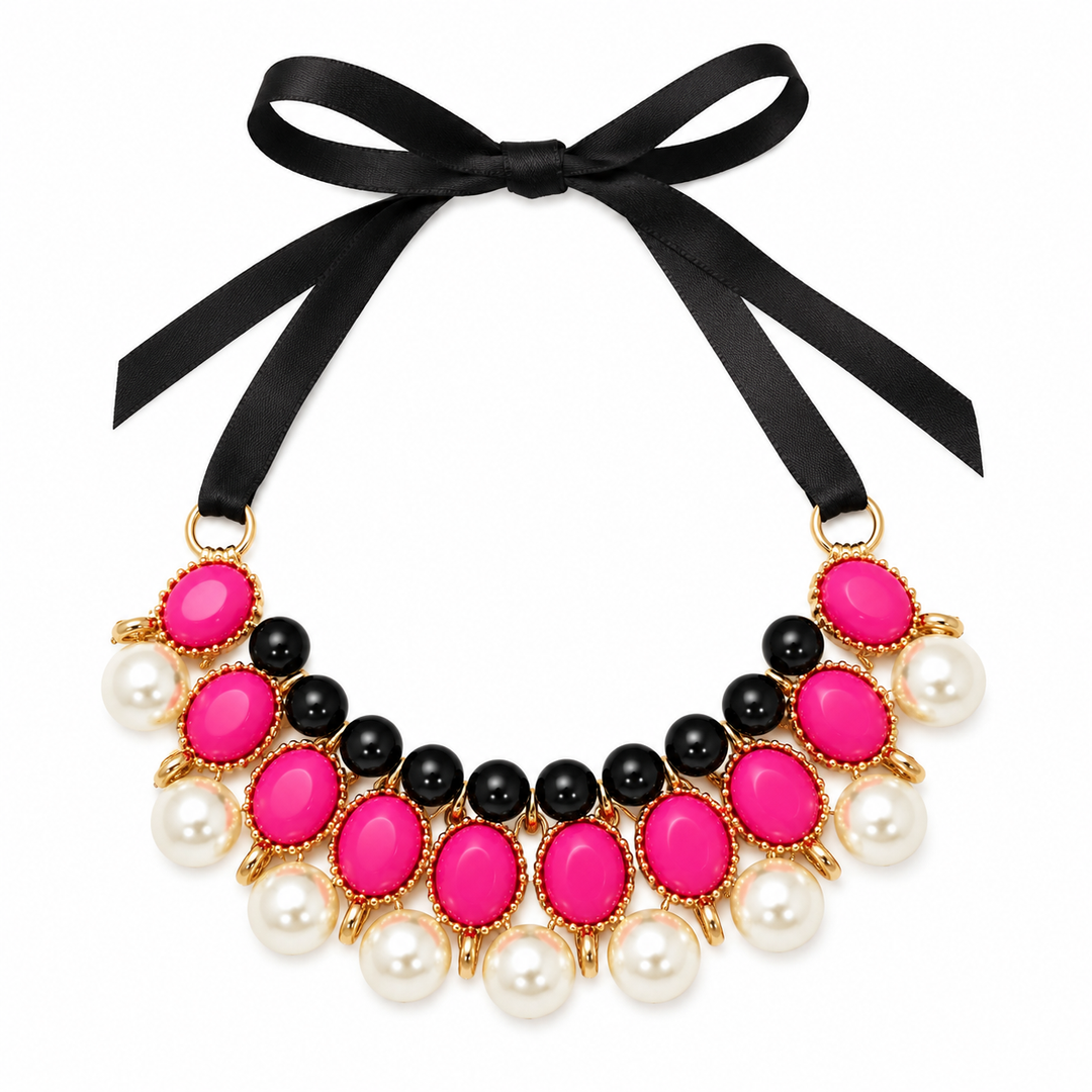 Hot Pink Pearl Statement Dog Necklace with Black Satin Ribbon Tie