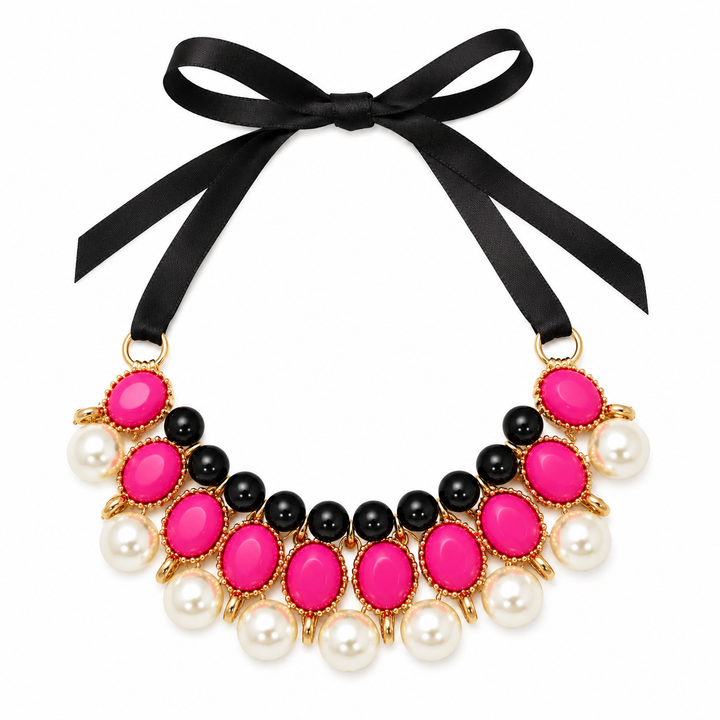 Hot Pink Pearl Statement Dog Necklace with Black Satin Ribbon Tie