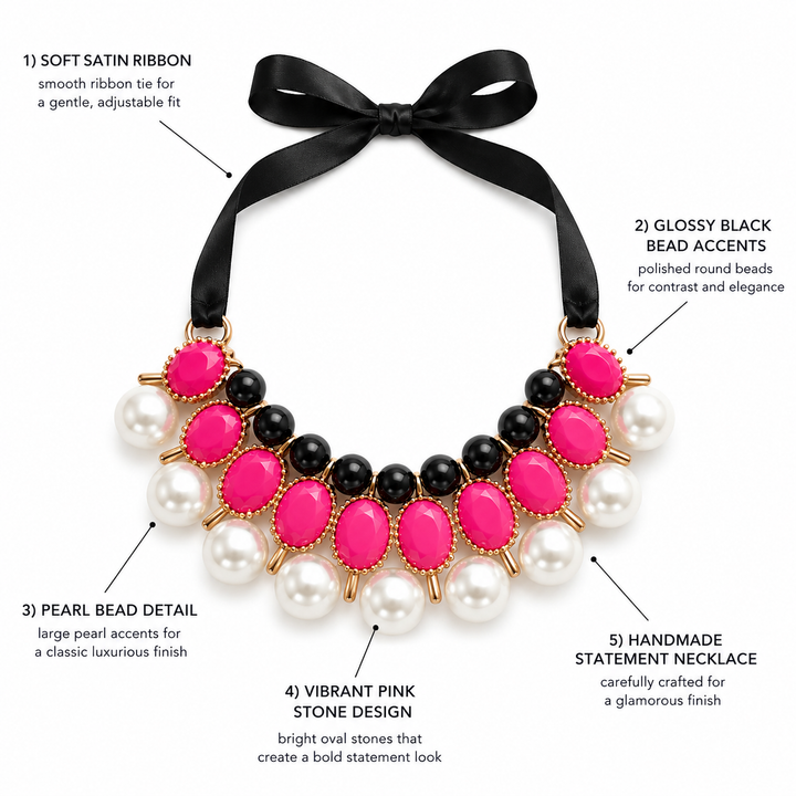 Hot Pink Pearl Statement Dog Necklace with Black Satin Ribbon Tie