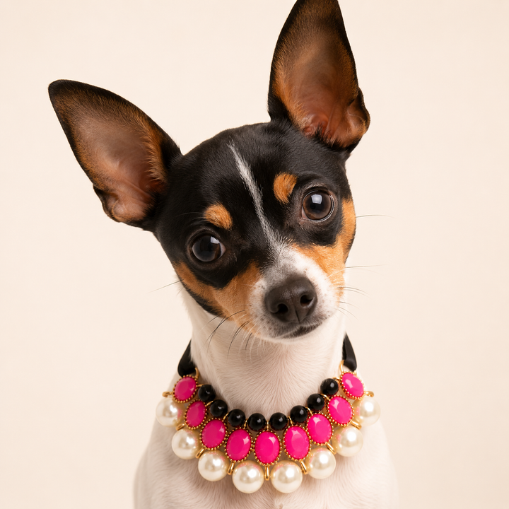 Hot Pink Pearl Statement Dog Necklace with Black Satin Ribbon Tie