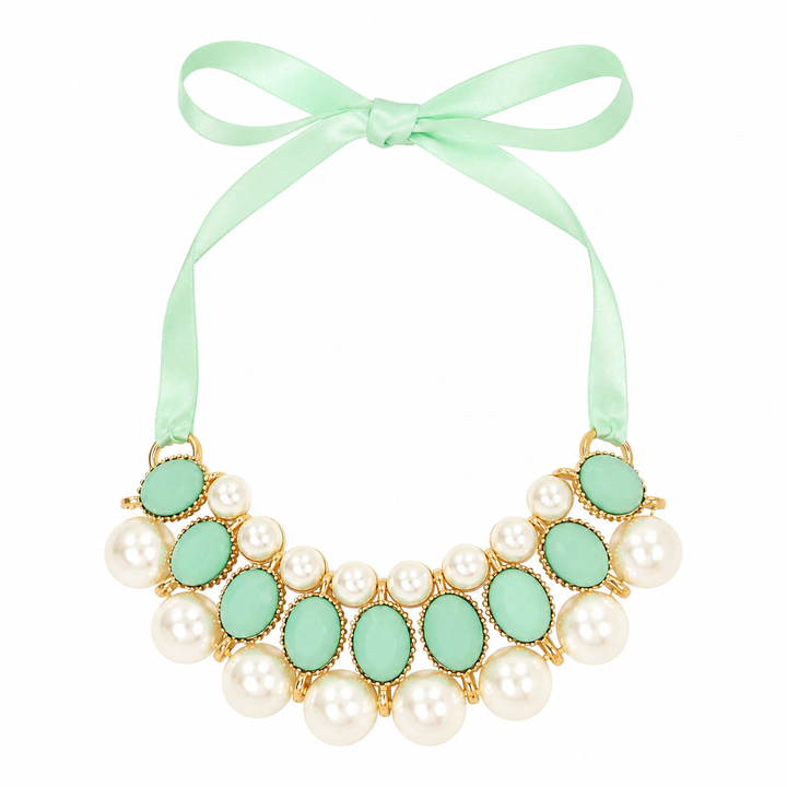 Mint Green Pearl Statement Dog Necklace with Satin Ribbon Tie