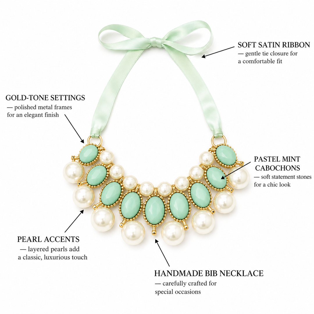Mint Green Pearl Statement Dog Necklace with Satin Ribbon Tie