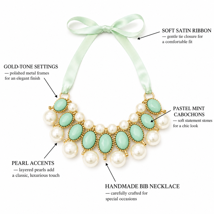 Mint Green Pearl Statement Dog Necklace with Satin Ribbon Tie