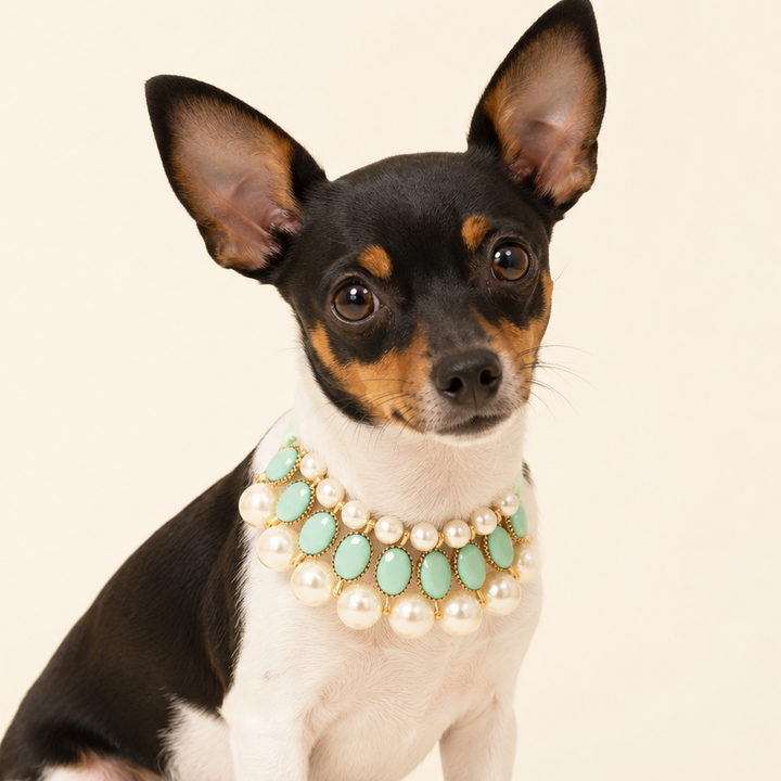 Mint Green Pearl Statement Dog Necklace with Satin Ribbon Tie