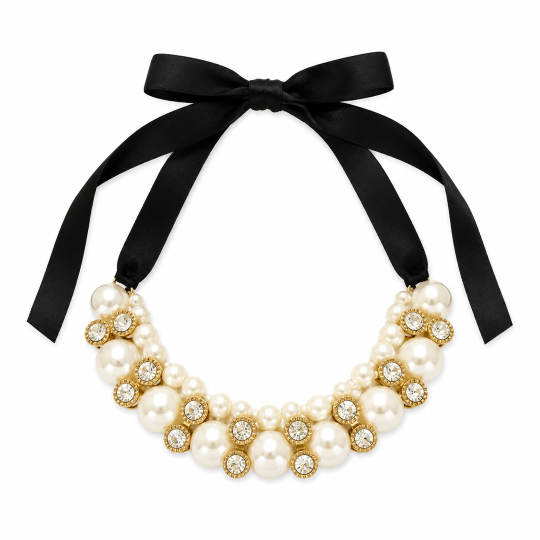 Pearl and Crystal Statement Dog Collar Necklace with Black Satin Ribbon