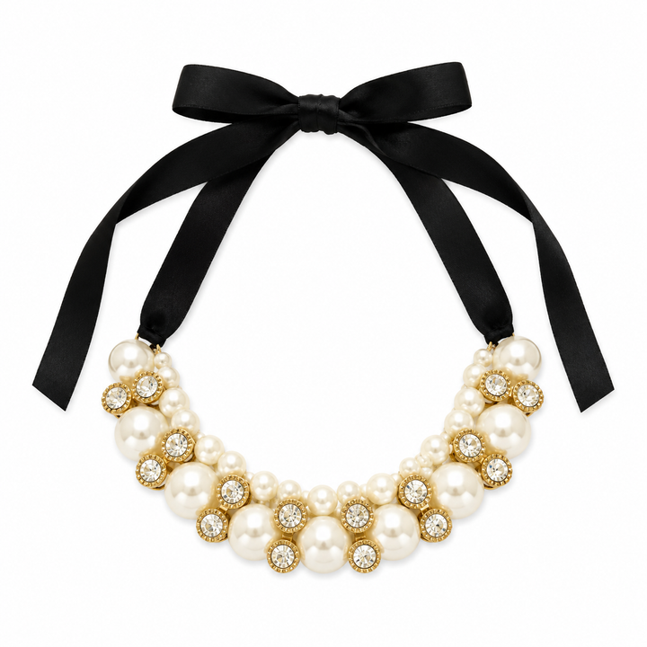 Pearl and Crystal Statement Dog Collar Necklace with Black Satin Ribbon
