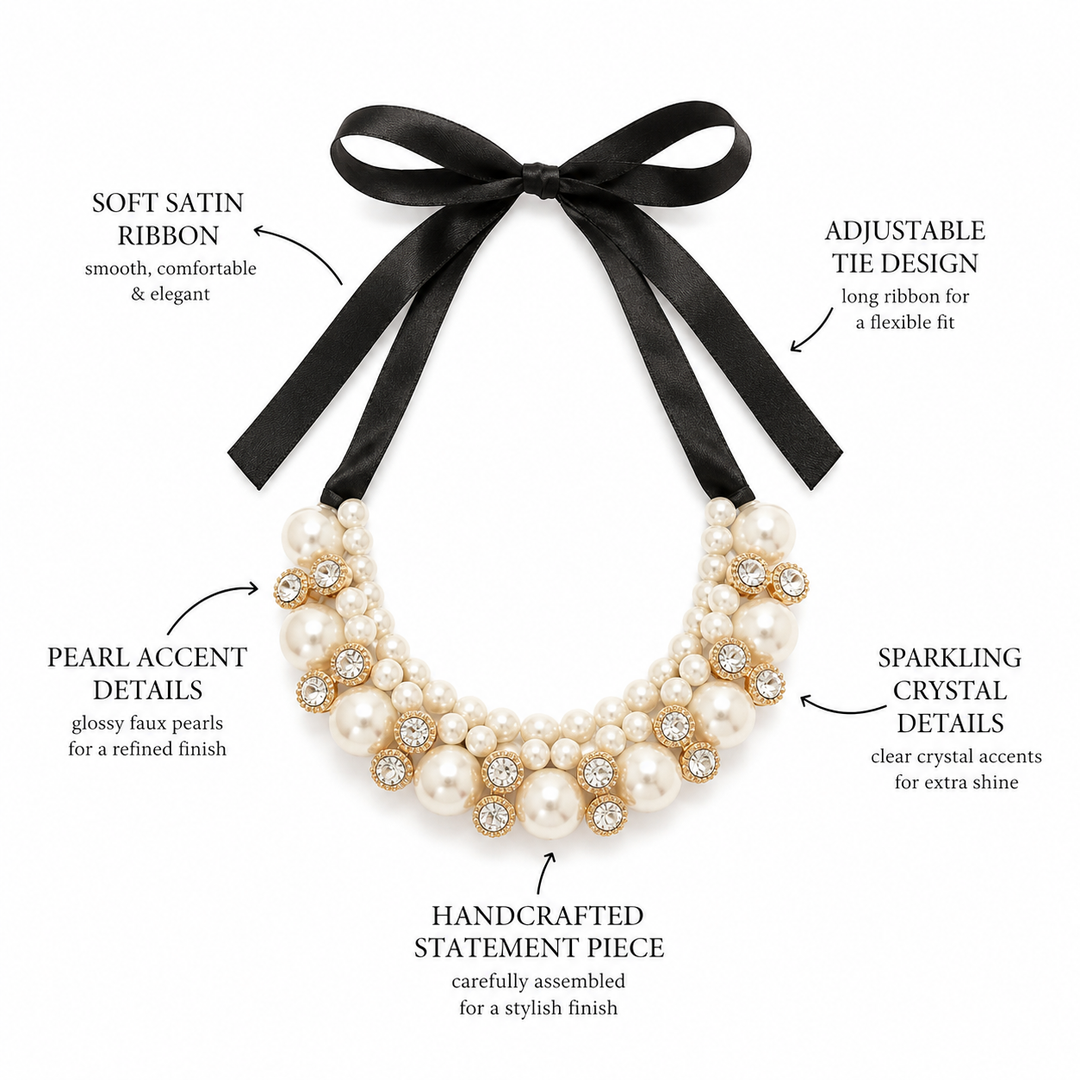 Pearl and Crystal Statement Dog Collar Necklace with Black Satin Ribbon
