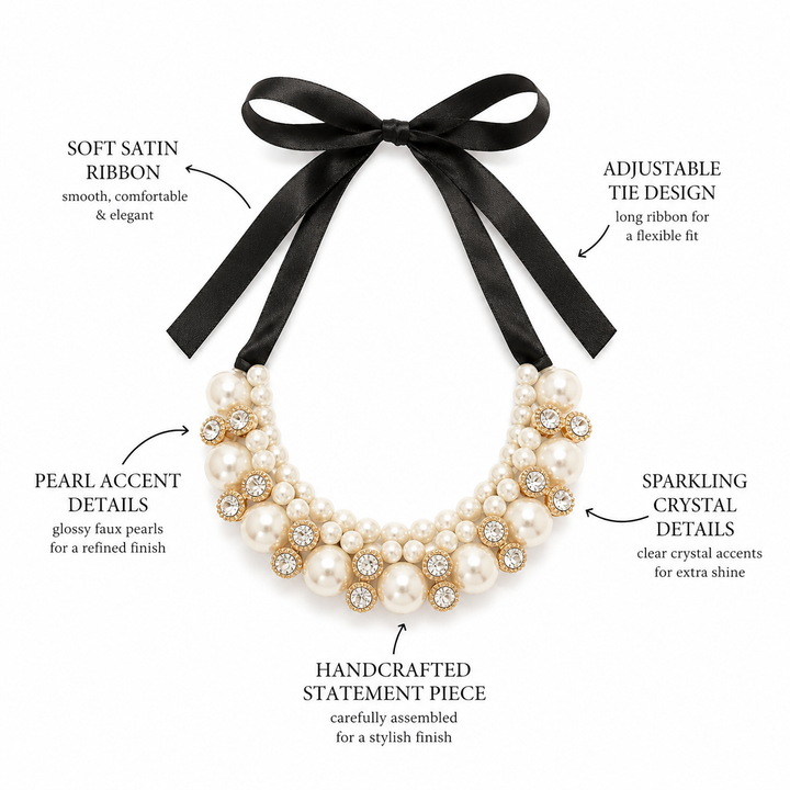 Pearl and Crystal Statement Dog Collar Necklace with Black Satin Ribbon