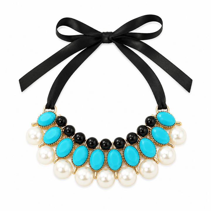 Turquoise Pearl Statement Dog Collar Necklace with Black Satin Ribbon