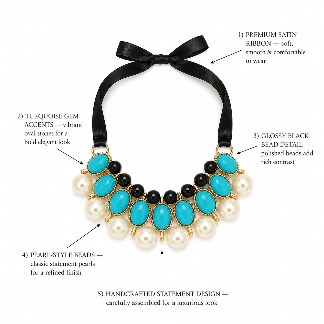 Turquoise Pearl Statement Dog Collar Necklace with Black Satin Ribbon