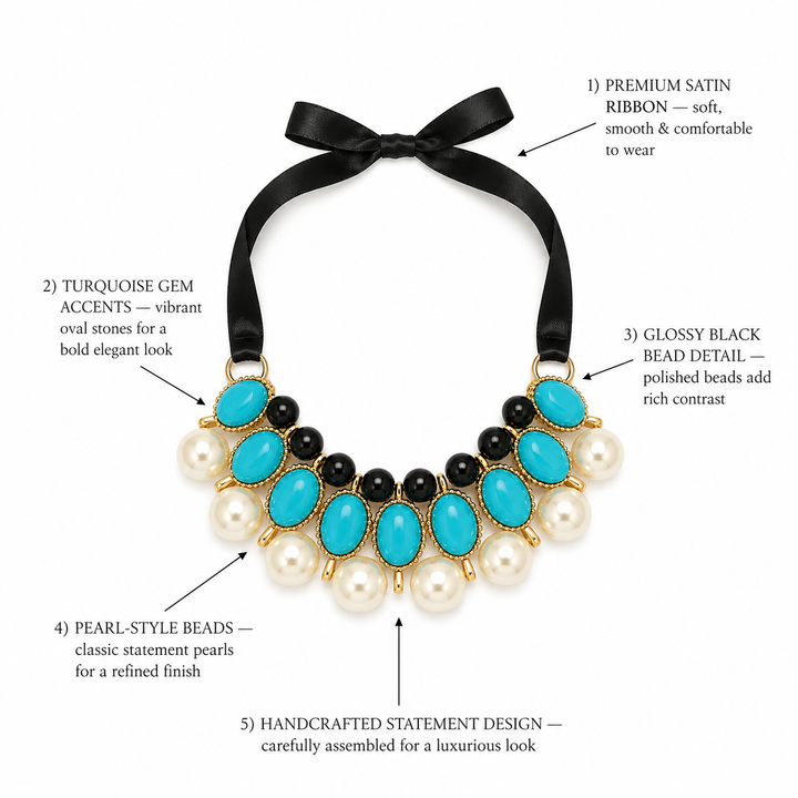 Turquoise Pearl Statement Dog Collar Necklace with Black Satin Ribbon