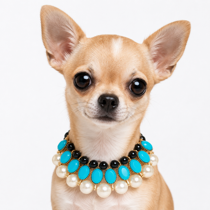Turquoise Pearl Statement Dog Collar Necklace with Black Satin Ribbon