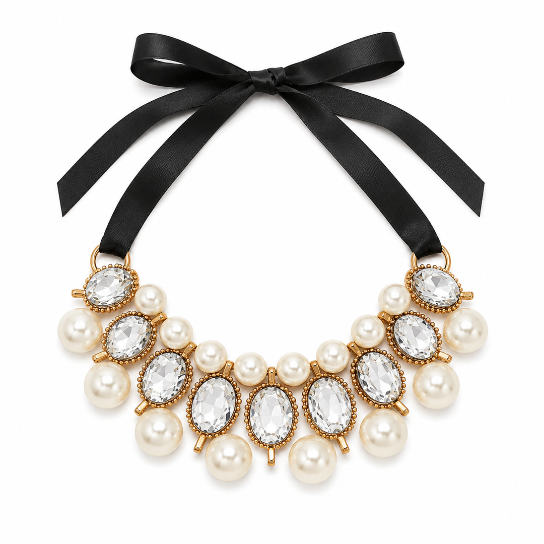 Crystal Pearl Statement Dog Collar Necklace with Black Satin Ribbon