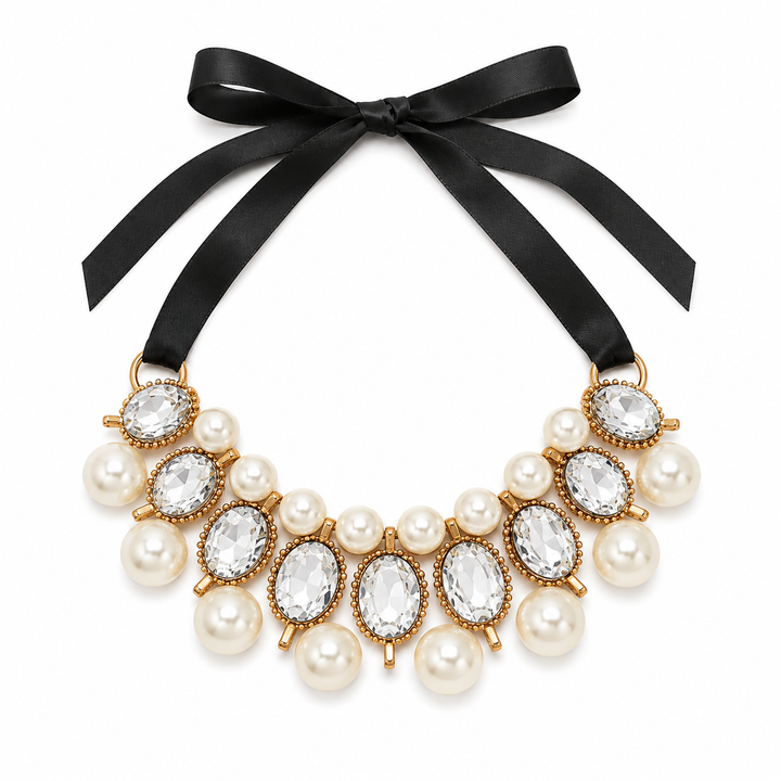 Crystal Pearl Statement Dog Collar Necklace with Black Satin Ribbon