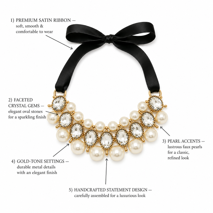 Crystal Pearl Statement Dog Collar Necklace with Black Satin Ribbon