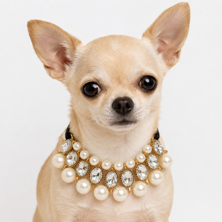 Crystal Pearl Statement Dog Collar Necklace with Black Satin Ribbon