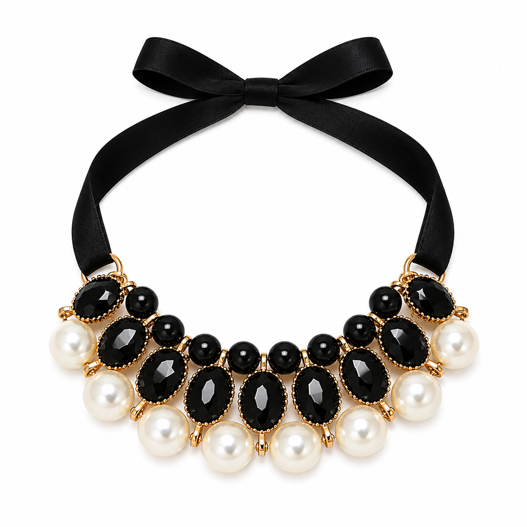 Black Pearl Statement Dog Collar Necklace with Black Satin Ribbon