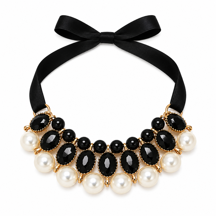 Black Pearl Statement Dog Collar Necklace with Black Satin Ribbon