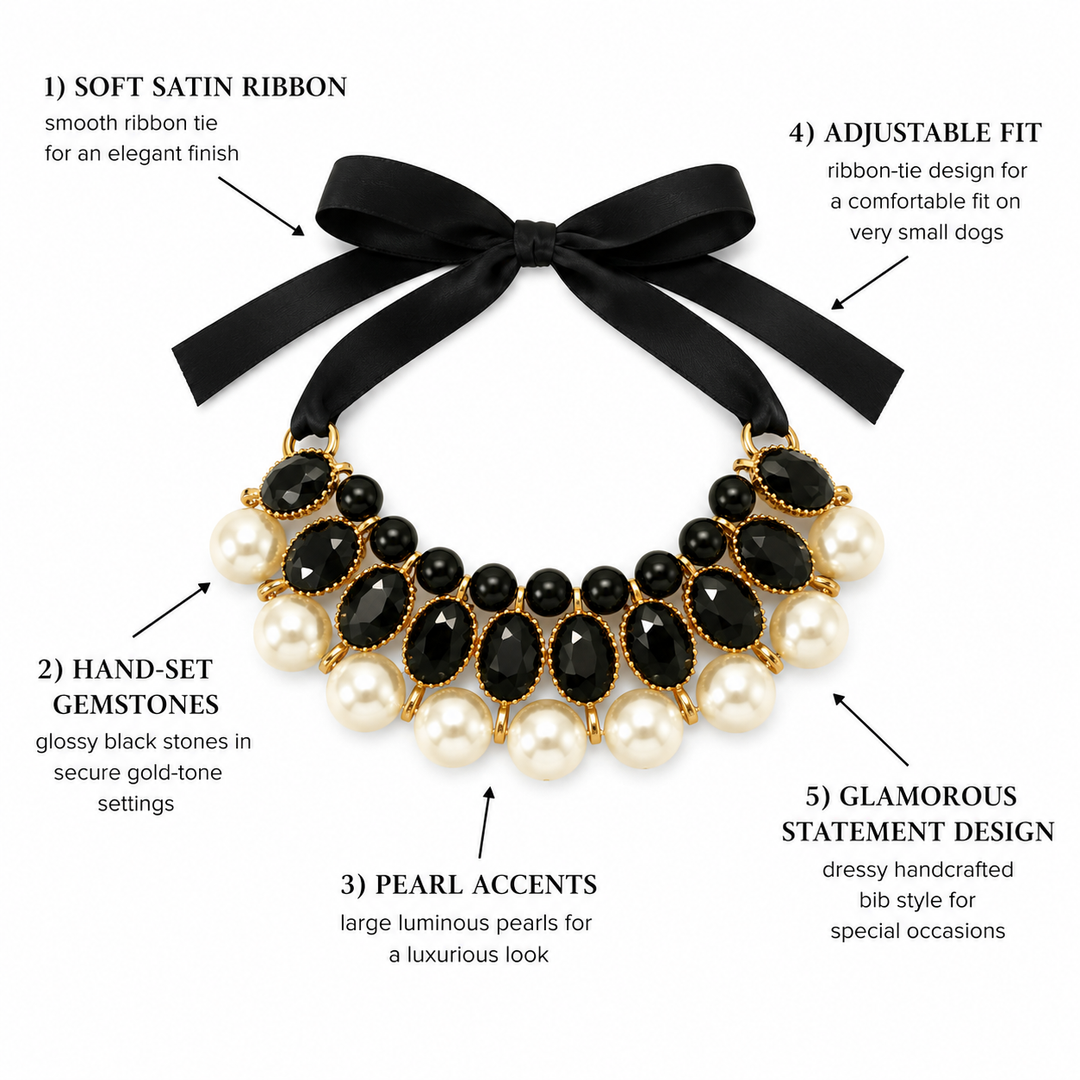 Black Pearl Statement Dog Collar Necklace with Black Satin Ribbon
