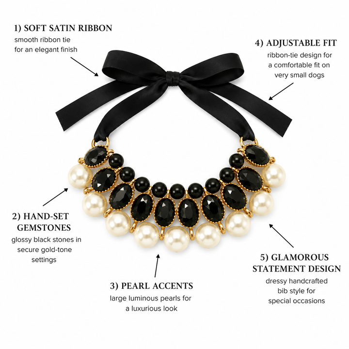 Black Pearl Statement Dog Collar Necklace with Black Satin Ribbon