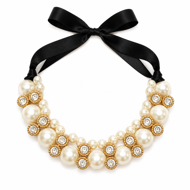 Pearl and Crystal Statement Dog Collar Necklace with Black Satin Ribbon