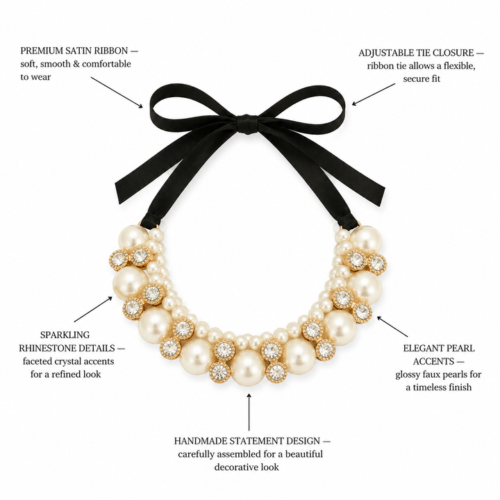 Pearl and Crystal Statement Dog Collar Necklace with Black Satin Ribbon