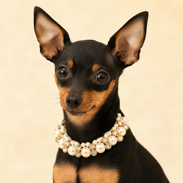 Pearl and Crystal Statement Dog Collar Necklace with Black Satin Ribbon