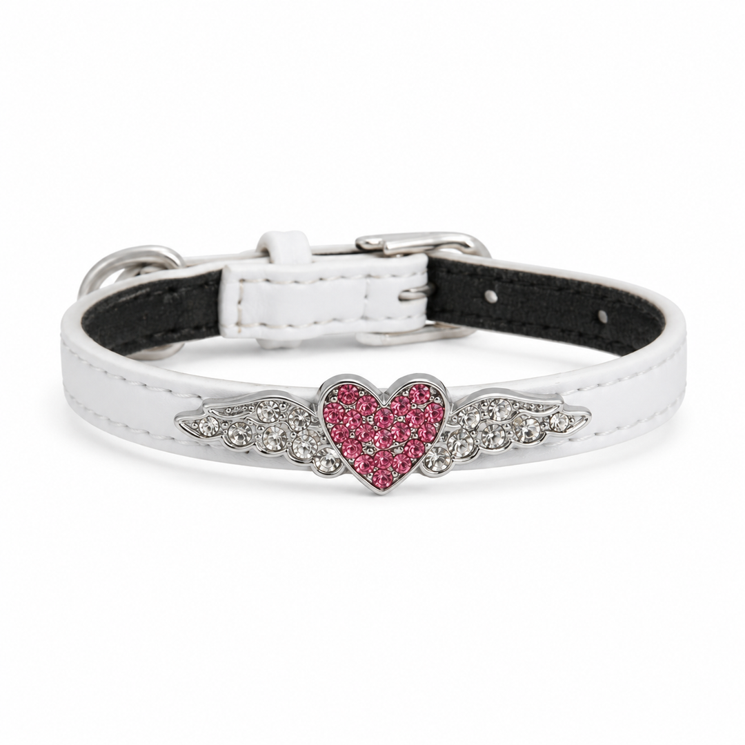 White Dog Collar with Pink Crystal Heart Charm