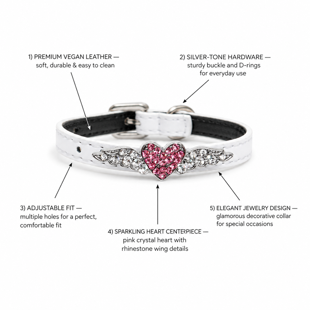White Dog Collar with Pink Crystal Heart Charm