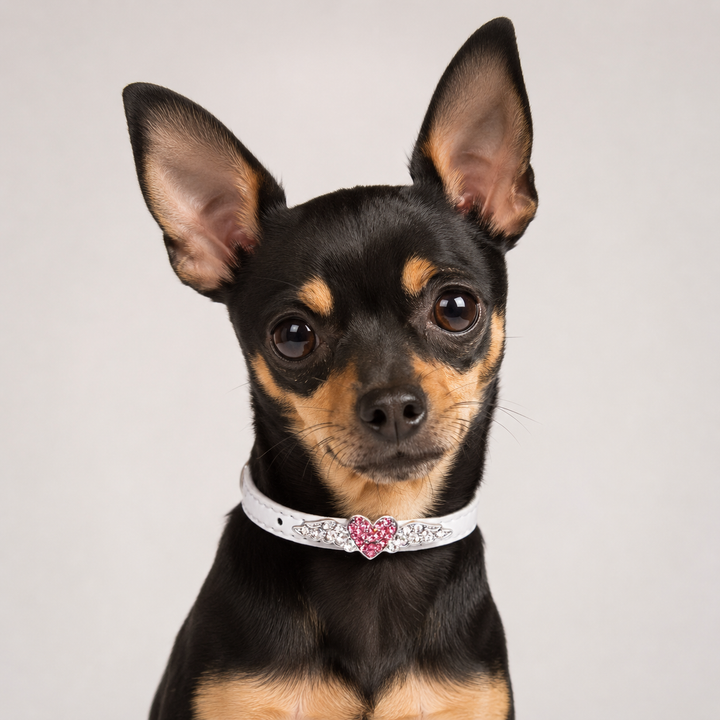 White Dog Collar with Pink Crystal Heart Charm