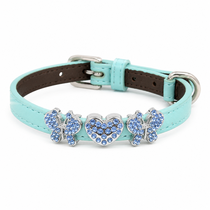 Mint Dog Collar with Blue Crystal Butterfly Heart Charms