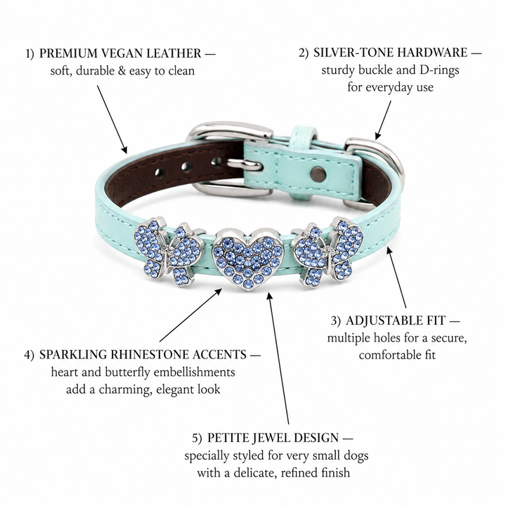 Mint Dog Collar with Blue Crystal Butterfly Heart Charms
