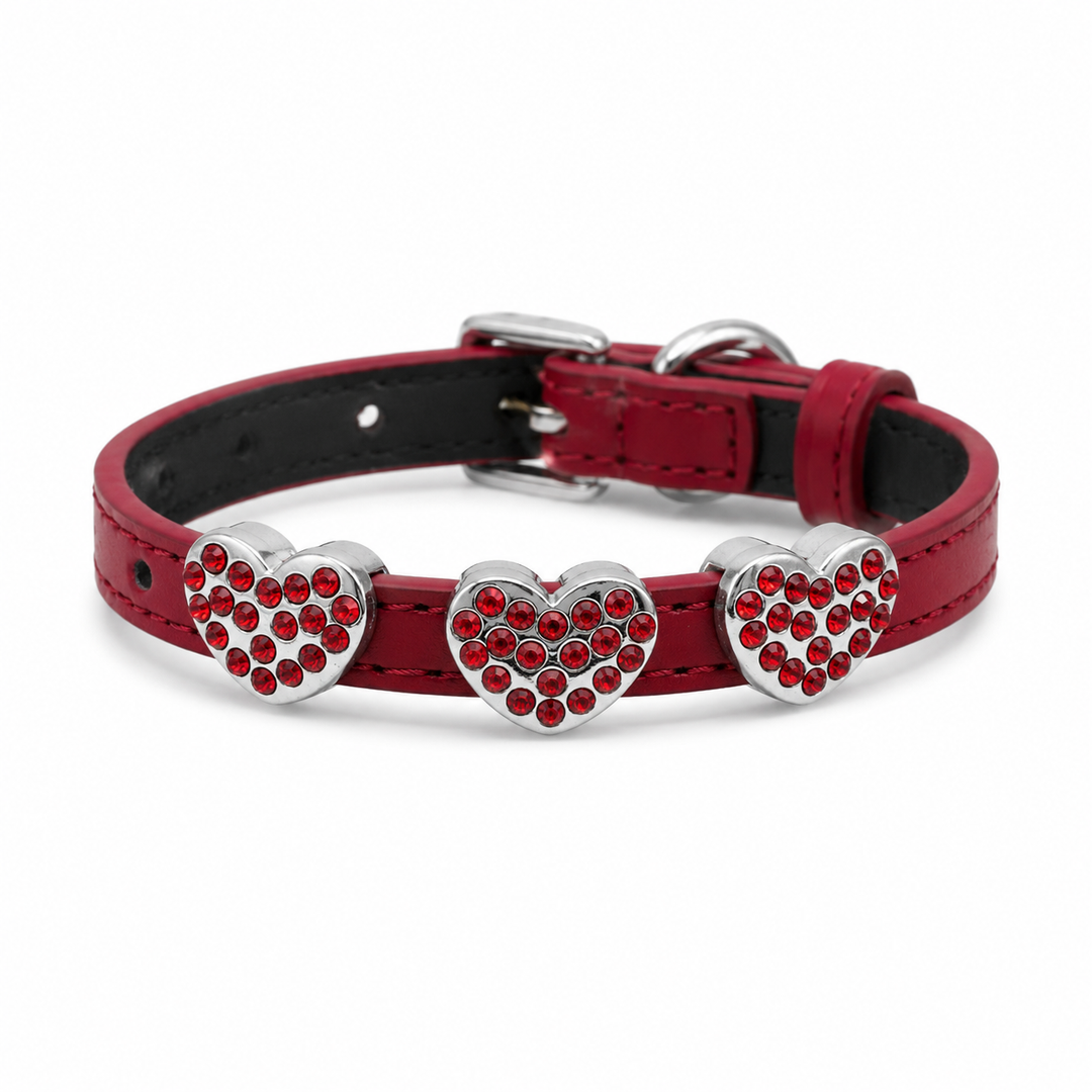 Red Dog Collar with Triple Red Crystal Heart Charms