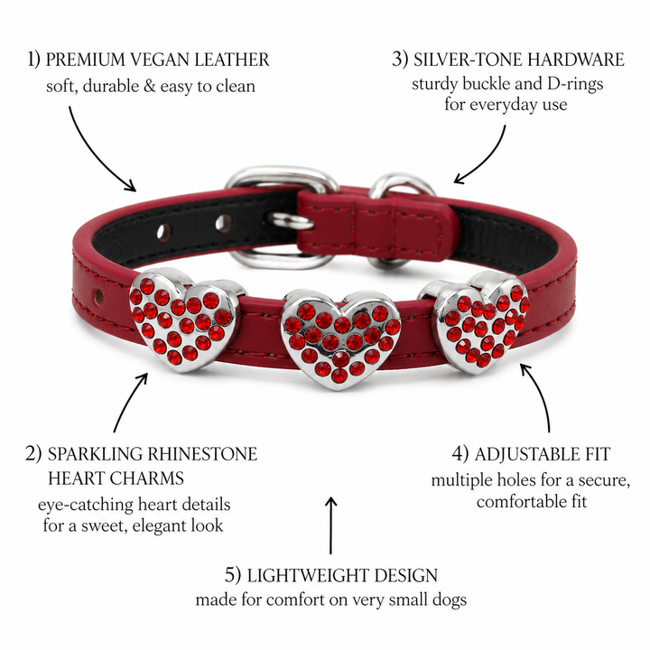 Red Dog Collar with Triple Red Crystal Heart Charms