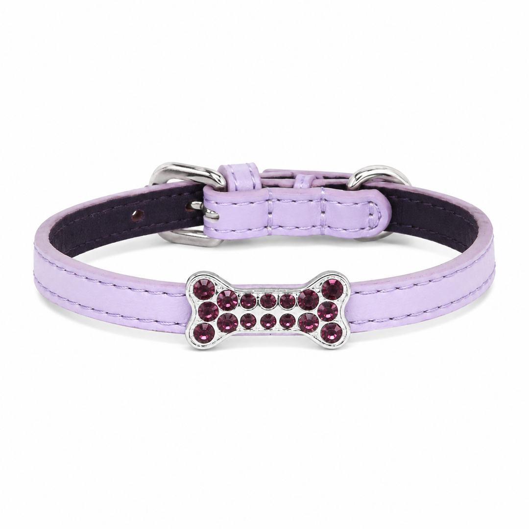 Lilac Dog Collar with Pink Crystal Bone Charm
