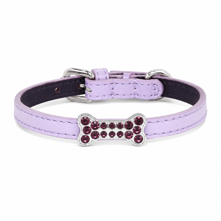 Lilac Dog Collar with Pink Crystal Bone Charm