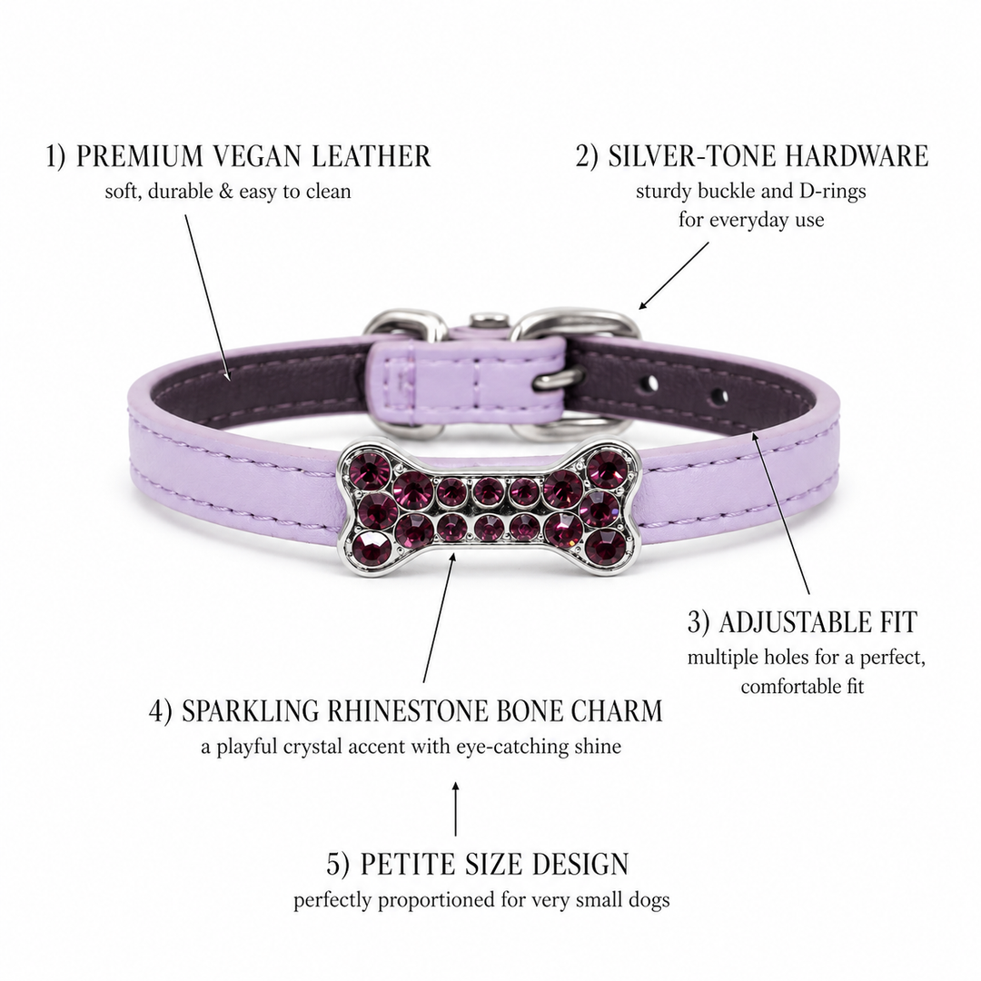 Lilac Dog Collar with Pink Crystal Bone Charm