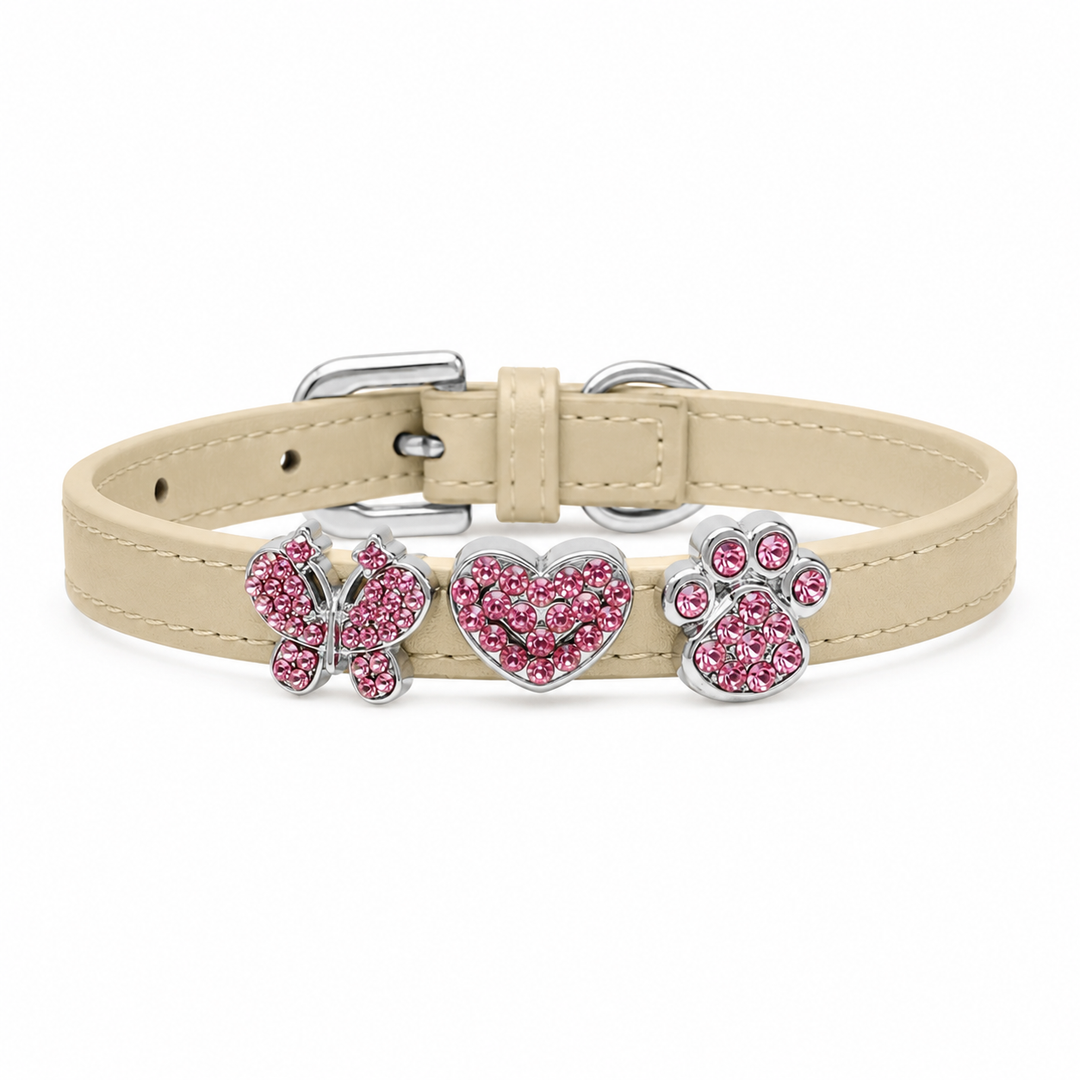 Champagne Dog Collar with Pink Crystal Butterfly Heart & Paw Charms