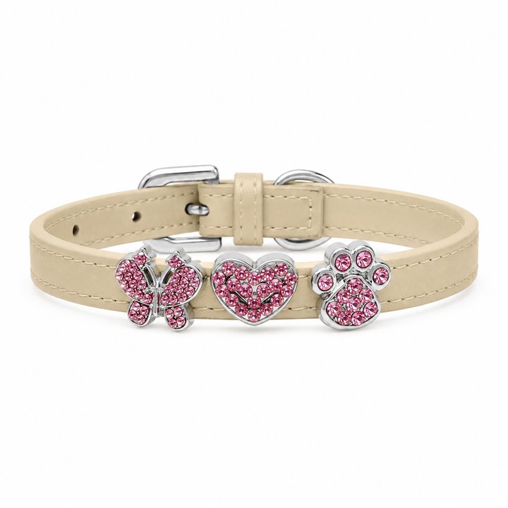 Champagne Dog Collar with Pink Crystal Butterfly Heart & Paw Charms