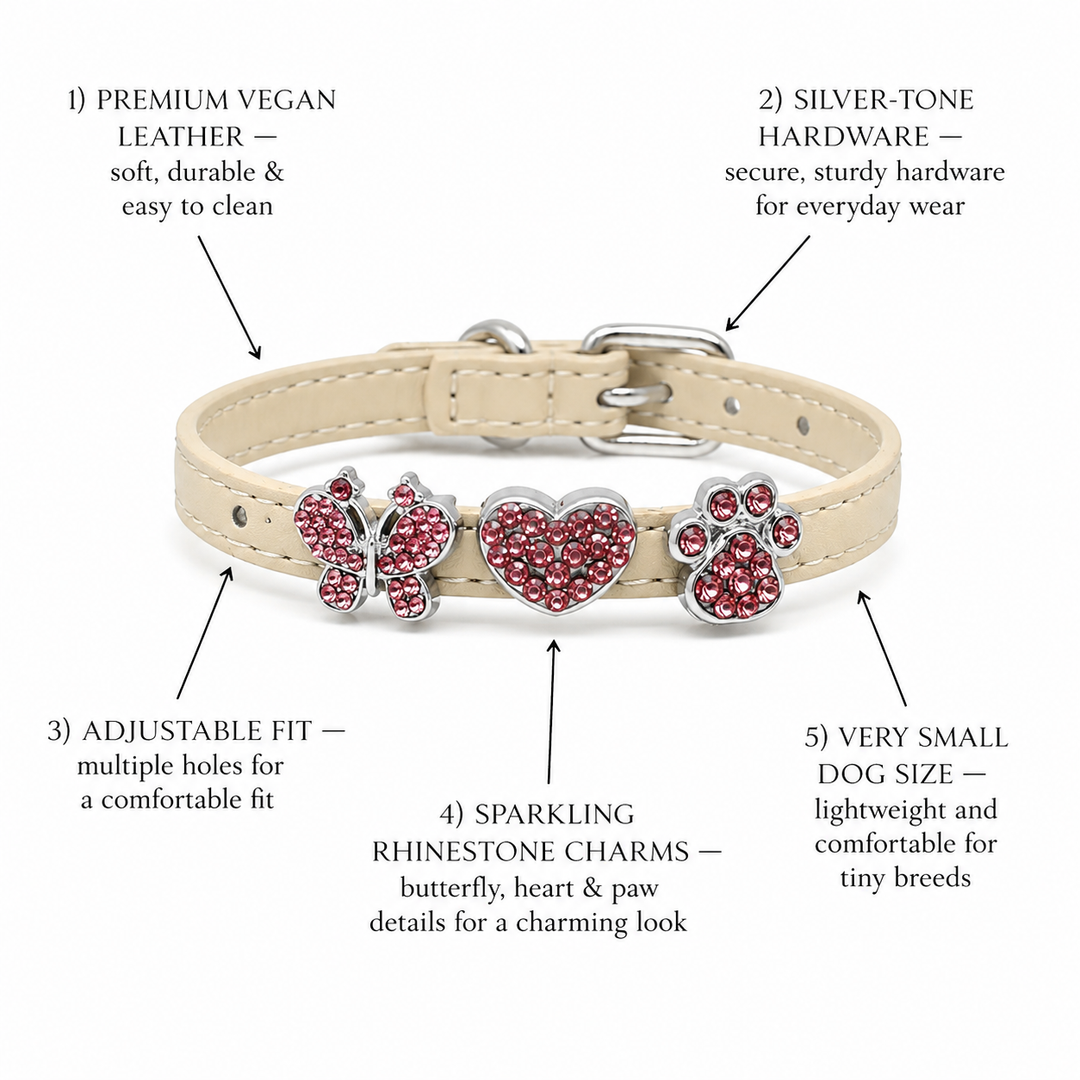 Champagne Dog Collar with Pink Crystal Butterfly Heart & Paw Charms