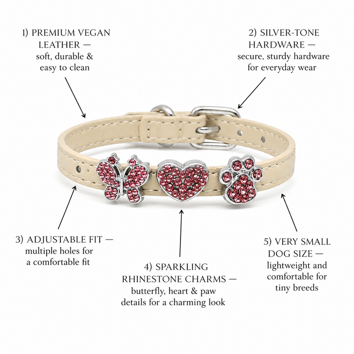 Champagne Dog Collar with Pink Crystal Butterfly Heart & Paw Charms