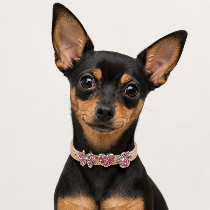 Champagne Dog Collar with Pink Crystal Butterfly Heart & Paw Charms