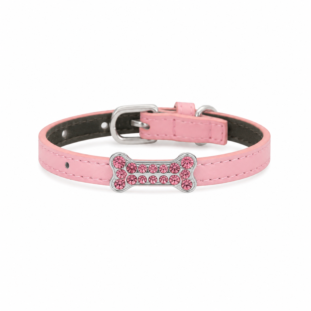 Soft Pink Dog Collar with Pink Crystal Bone Charm