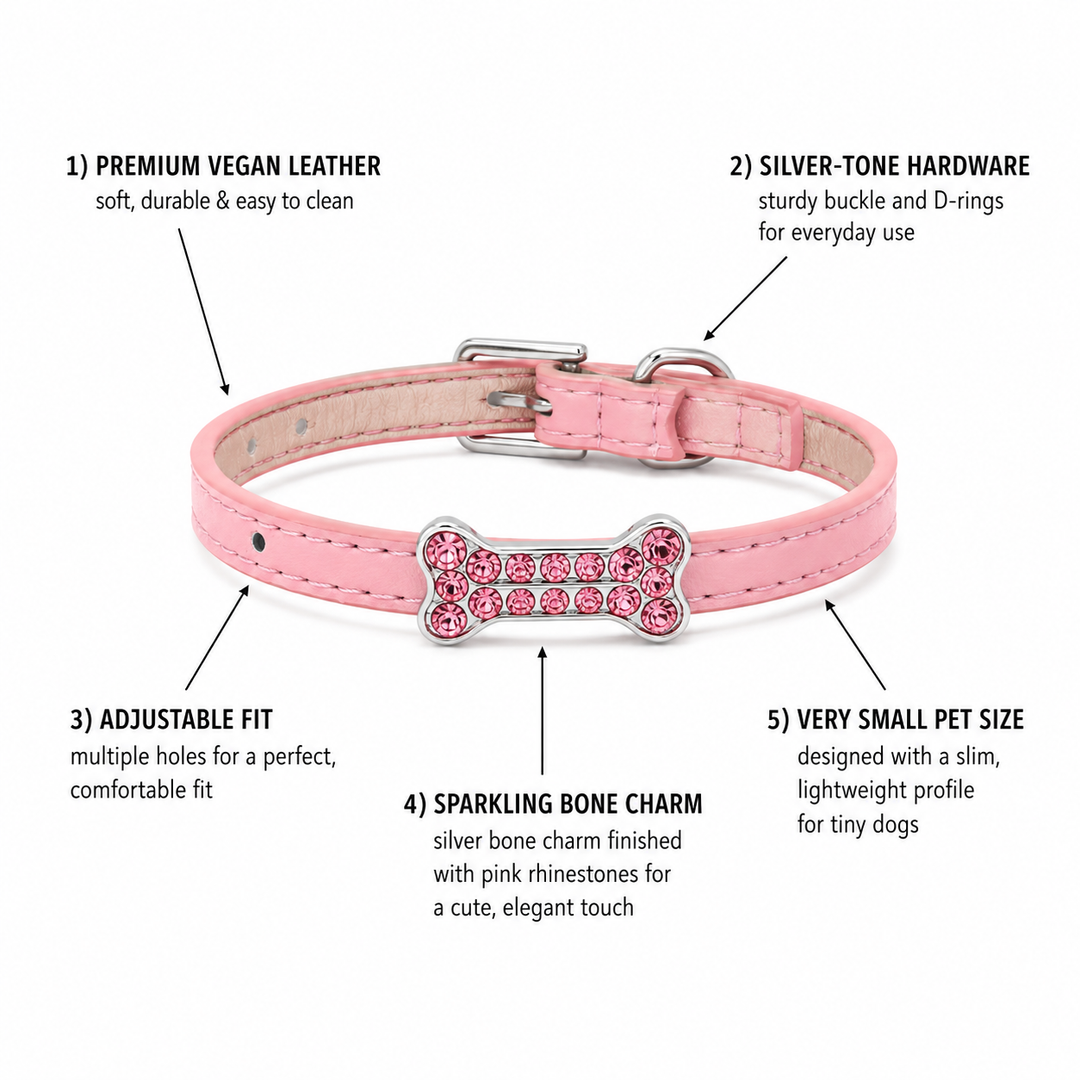 Soft Pink Dog Collar with Pink Crystal Bone Charm