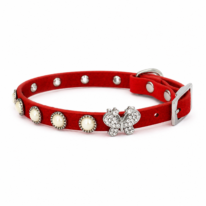 Red Suede-Style Dog Collar with Crystal Butterfly Charm and Pearl Accents