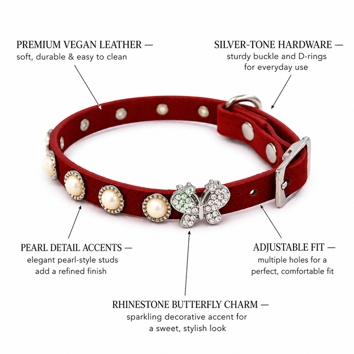 Red Suede-Style Dog Collar with Crystal Butterfly Charm and Pearl Accents