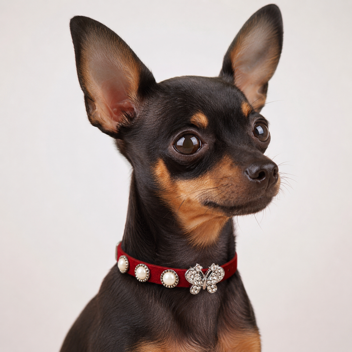 Red Suede-Style Dog Collar with Crystal Butterfly Charm and Pearl Accents