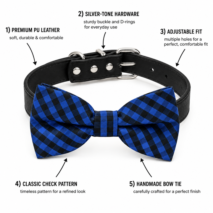 Royal Blue Buffalo Plaid Dog Bow Tie Collar with Adjustable Black Vegan Leather Collar